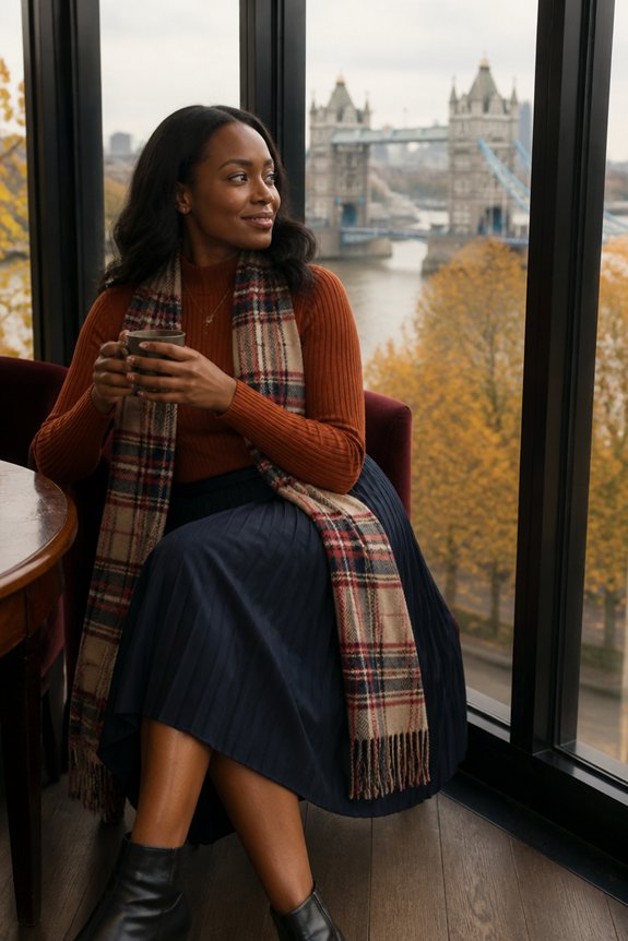 rust top navy skirt plaid scarf