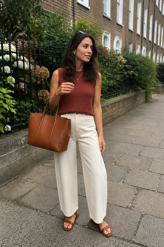 rust top with cream jeans