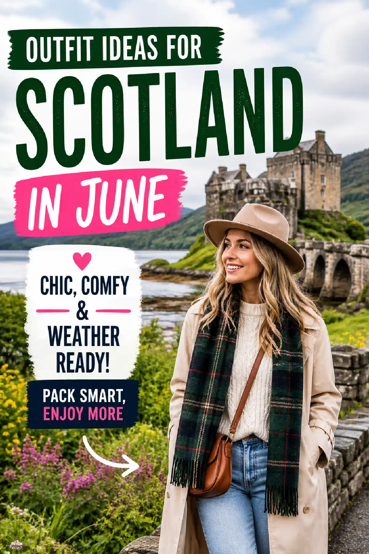 Woman in chic outfit near Scottish castle, showcasing stylish June outfit ideas: comfy, weather-ready, and travel-friendly.