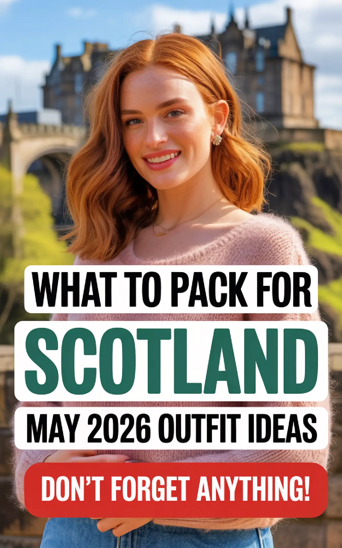 Smiling woman in a casual outfit poses in front of historic architecture, showcasing Scotland packing ideas for May 2026.