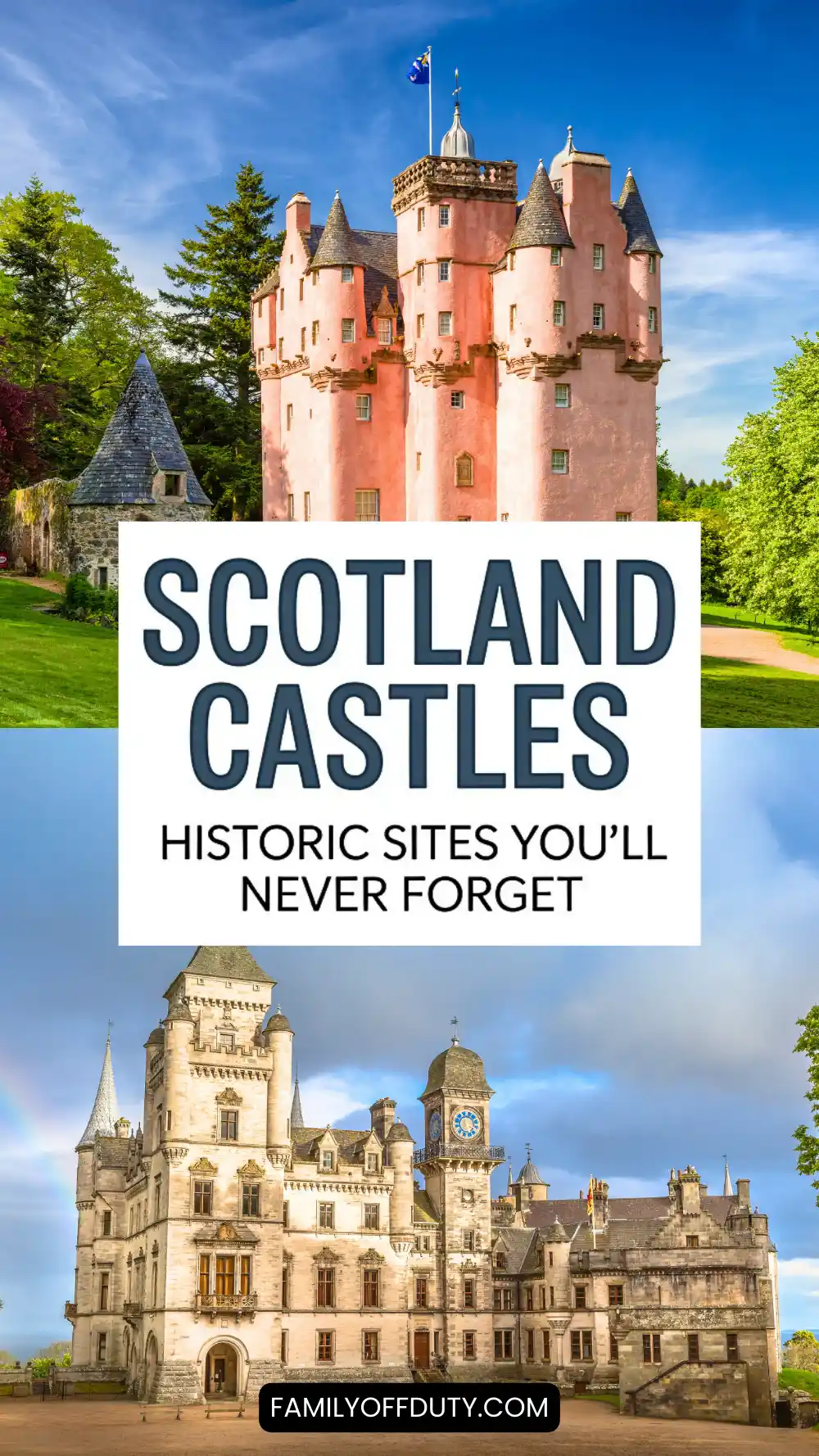 Two stunning Scottish castles surrounded by lush greenery under a clear blue sky, showcasing historic beauty.