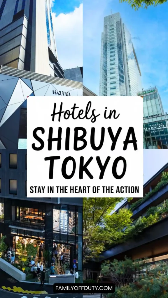 Modern hotels in Shibuya, Tokyo, showcasing vibrant architecture and lively outdoor dining scenes.