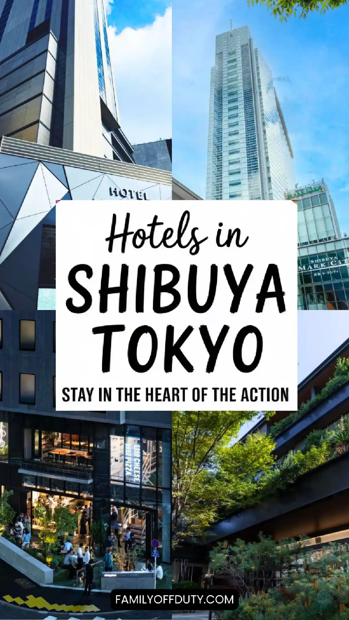 Modern hotels in Shibuya, Tokyo, showcasing vibrant architecture and lively outdoor dining scenes.