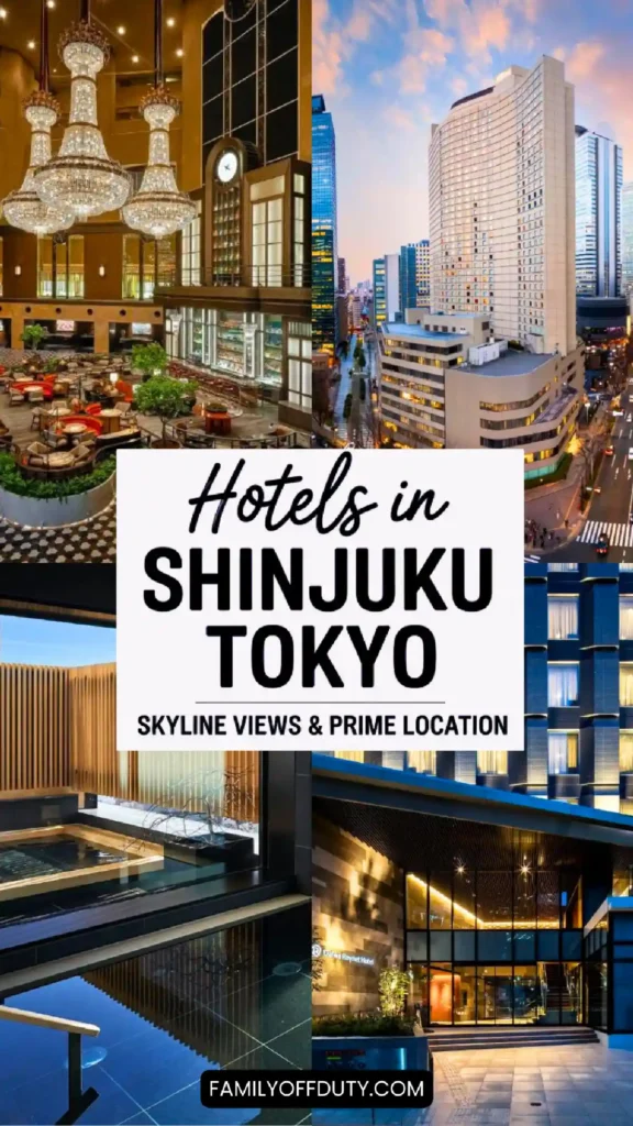 Collage of luxurious hotels in Shinjuku, Tokyo, highlighting skyline views, modern amenities, and elegant interiors.