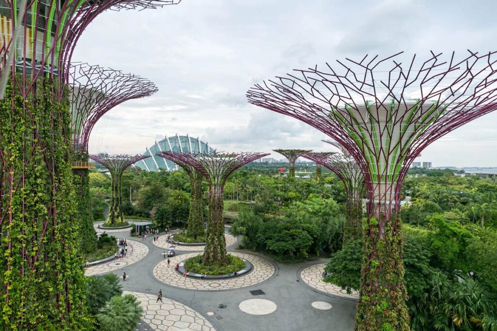 Futuristic vertical gardens in Singapore with iconic Supertree structures surrounded by lush greenery.