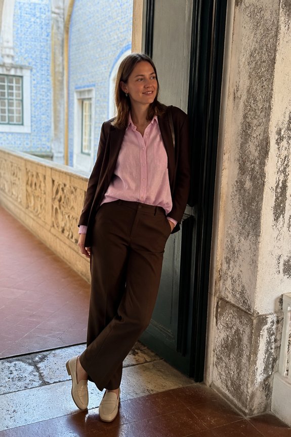 soft pink linen outfit ensemble
