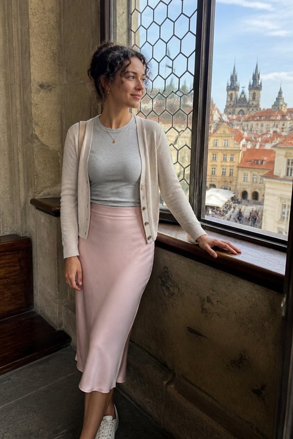 soft pink midi skirt ensemble