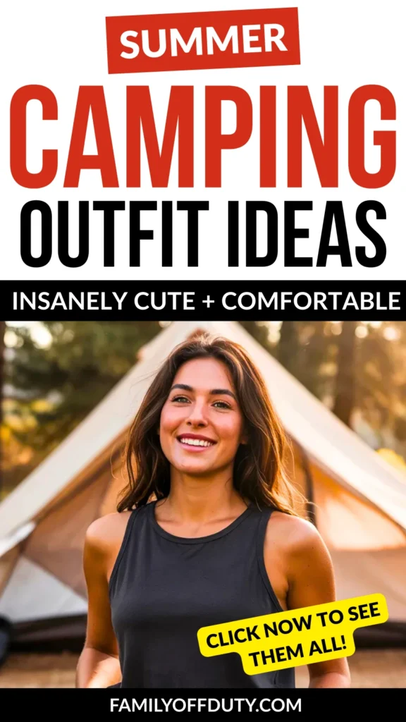 Summer camping outfit ideas featuring a smiling woman in a cozy outdoor setting, perfect for style and comfort.