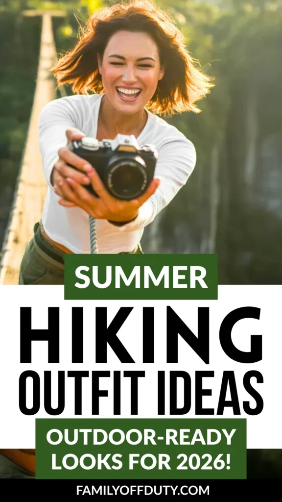 Happy woman taking photos on a bridge, showcasing summer hiking outfit ideas for outdoor adventures in 2026.