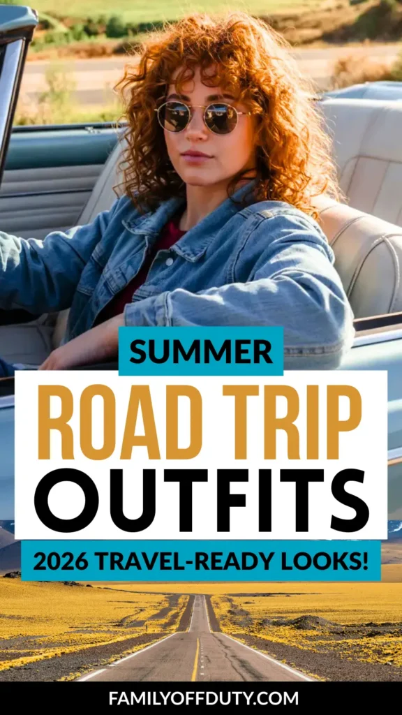 Young woman in sunglasses poses in a convertible, showcasing trendy road trip outfits for summer 2026 travel.