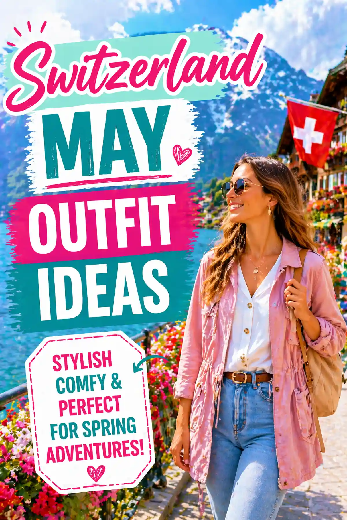 A woman in stylish spring outfit stands by a floral path in Switzerland, showcasing May outfit ideas for travelers.