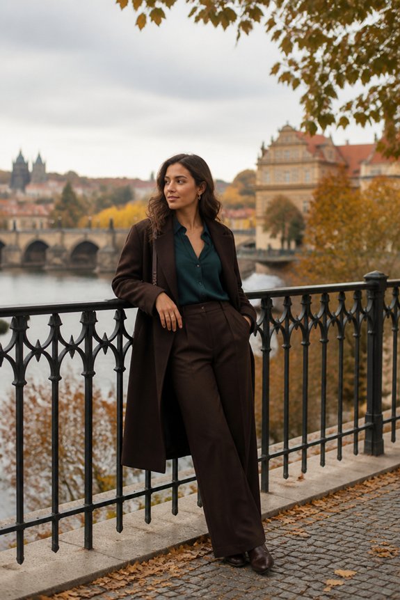 teal blouse chocolate trousers