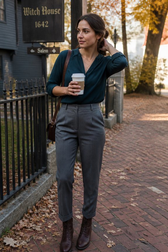 teal blouse gray pants