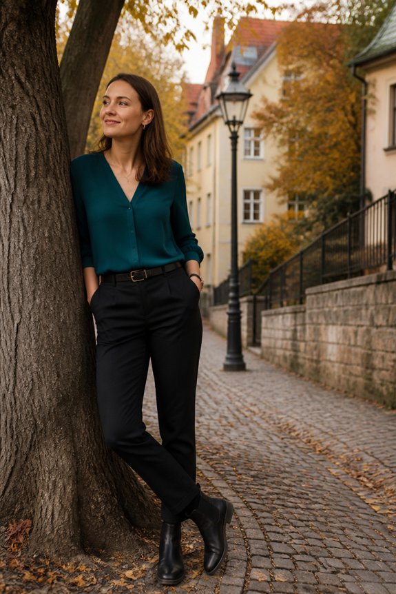 teal blouse with tailored pants