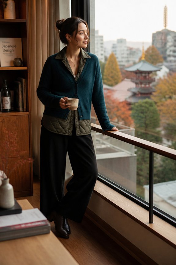 teal cardigan wide leg pants