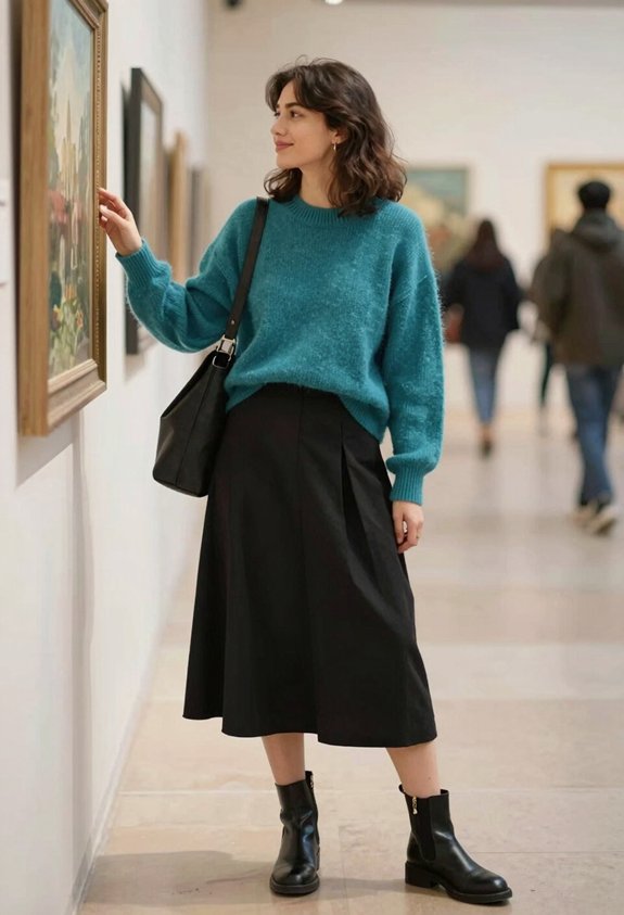 teal sweater black skirt