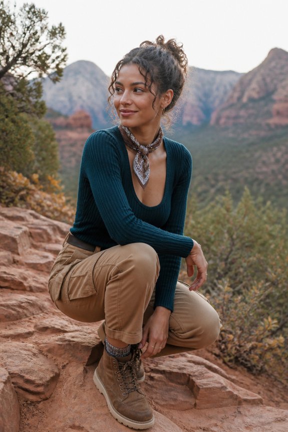 teal top tan trousers