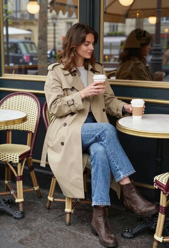 trench coat and jeans