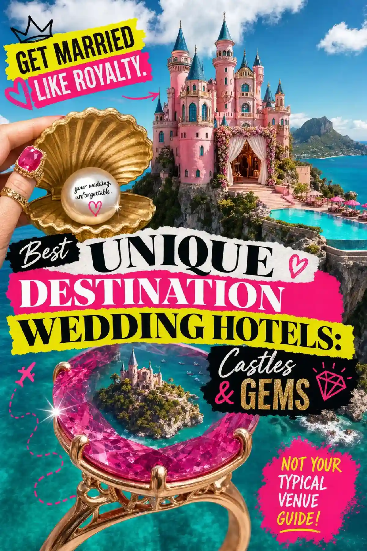 Colorful graphic promoting unique destination wedding hotels, featuring a castle, a gemstone ring, and vibrant text.
