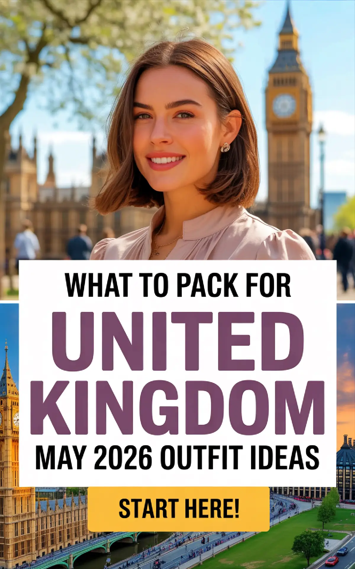 Smiling woman in front of Big Ben promoting May 2026 outfit ideas for traveling to the United Kingdom.