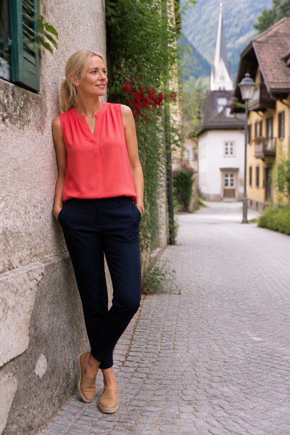 vibrant blouse navy pants