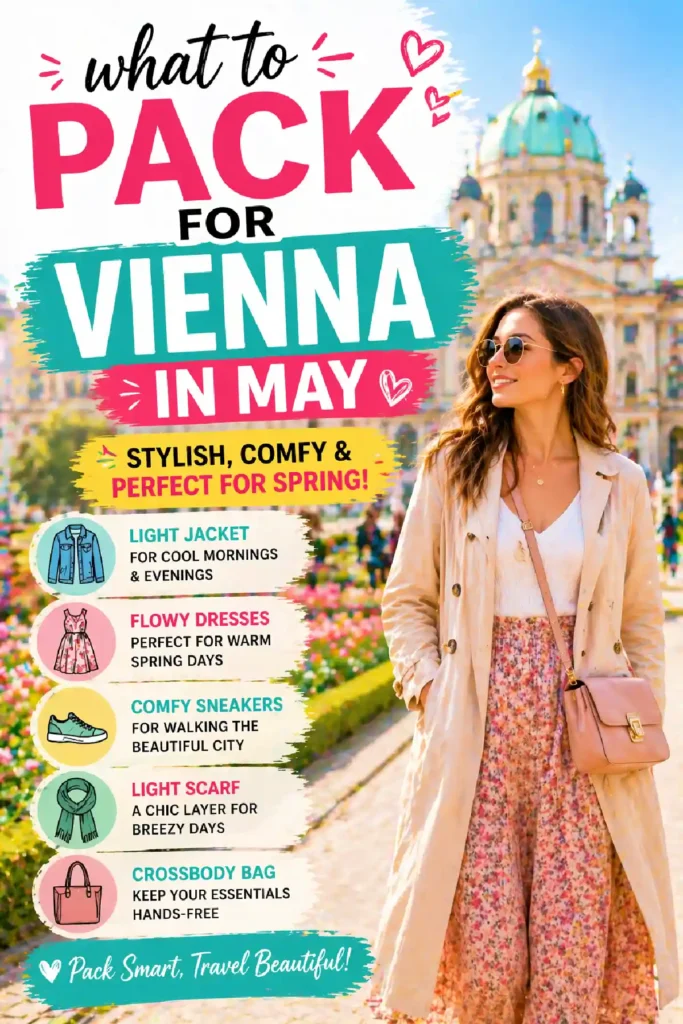 Woman in stylish spring outfit in Vienna, with packing tips for May including dresses, jackets, and comfy shoes.