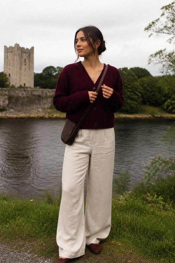 warm burgundy casual ensemble