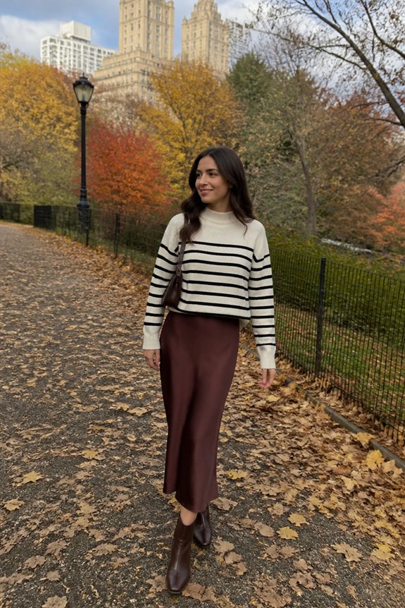 warm knit with burgundy skirt