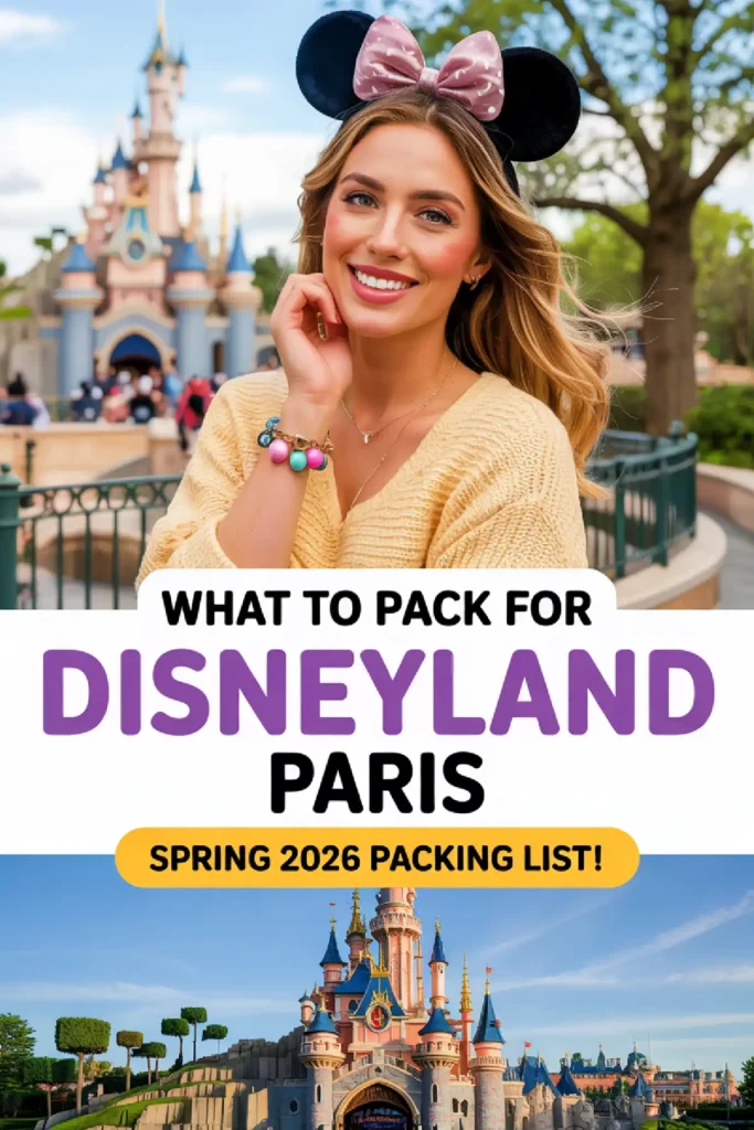 A smiling woman in Disneyland Paris with Minnie ears, showcasing spring packing tips for a 2026 visit.