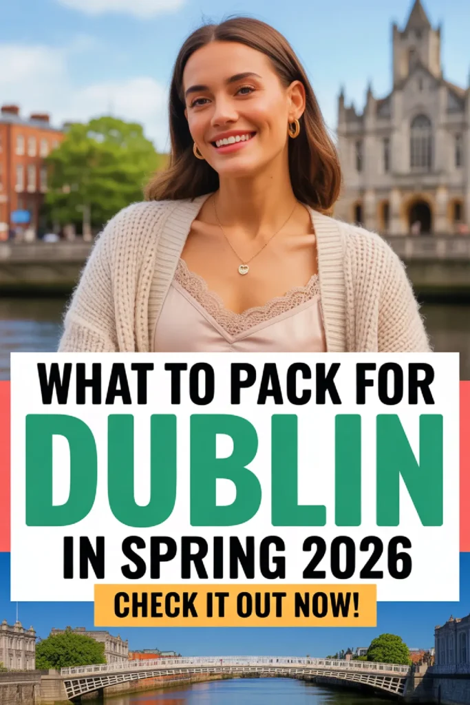 Smiling woman in Dublin with advice on spring 2026 packing essentials for travelers. Learn what to bring!
