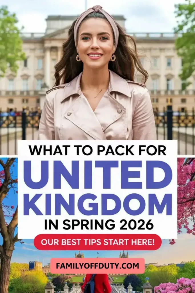Young woman smiling in front of Buckingham Palace, promoting a travel guide for packing tips for the UK in spring 2026.