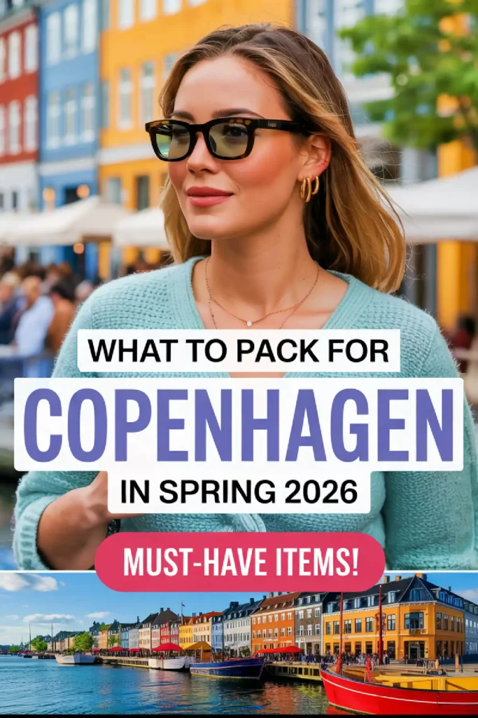 Woman in stylish sunglasses smiles in front of colorful Copenhagen buildings, highlighting spring packing tips for 2026.
