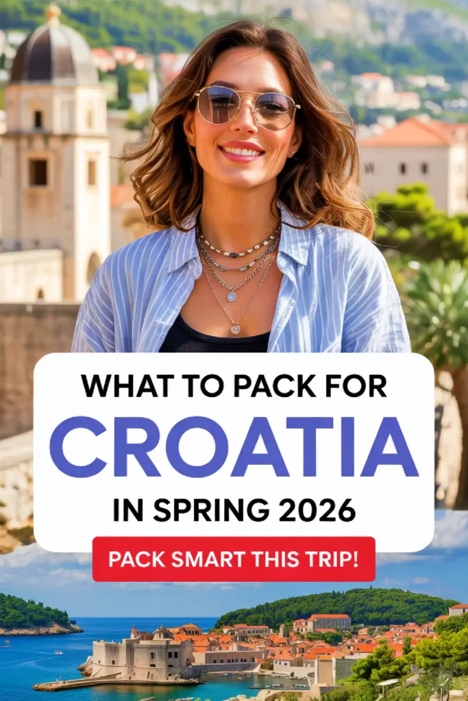 Young woman smiling in sunglasses, promoting packing tips for Croatia in spring 2026, with scenic coastline in background.