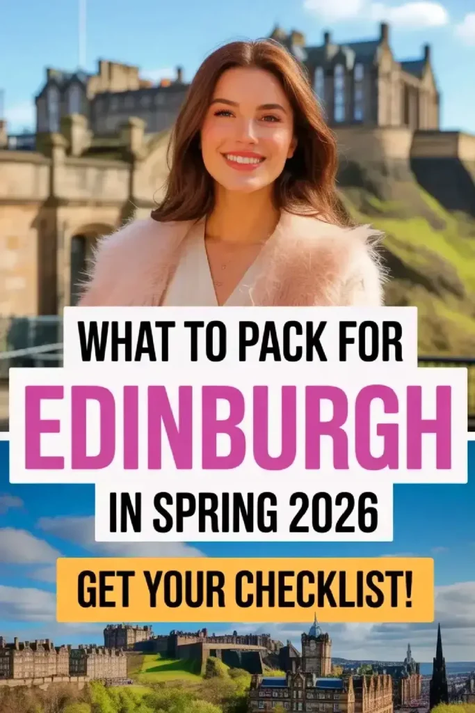 Smiling woman with Edinburgh Castle backdrop, promoting a packing checklist for spring 2026 travel.