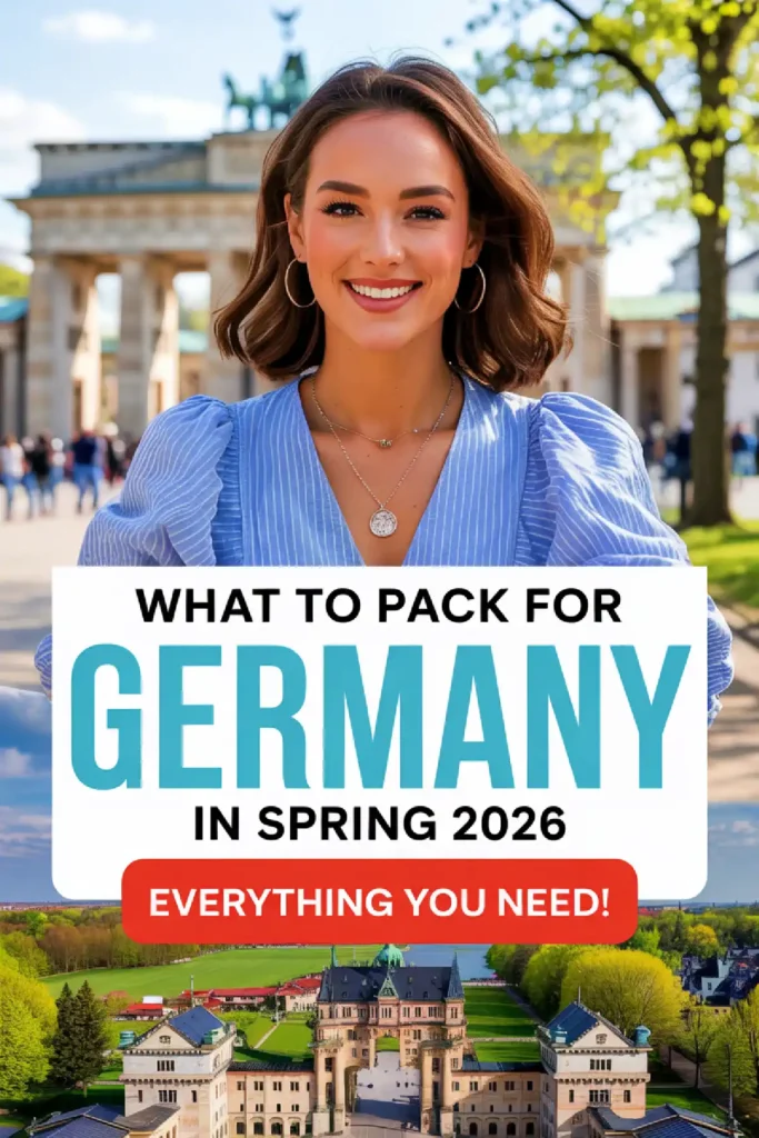 Smiling woman in front of Brandenburg Gate, promoting a guide on what to pack for Germany in spring 2026.