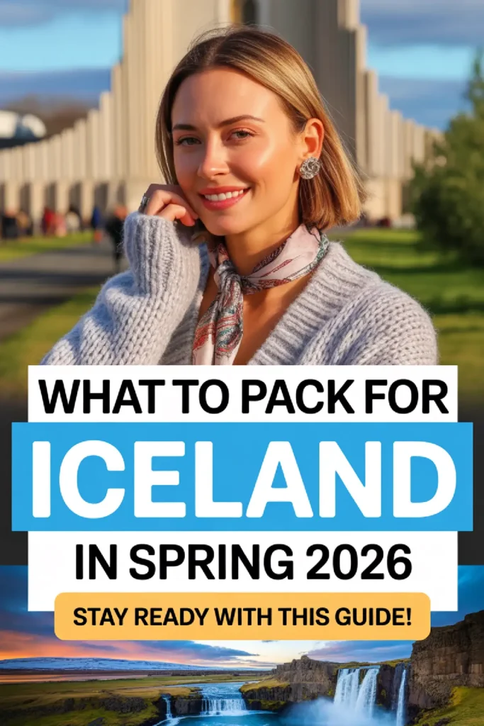 Young woman smiling in a cozy sweater, with text overlay about packing for Iceland Spring 2026 guide.