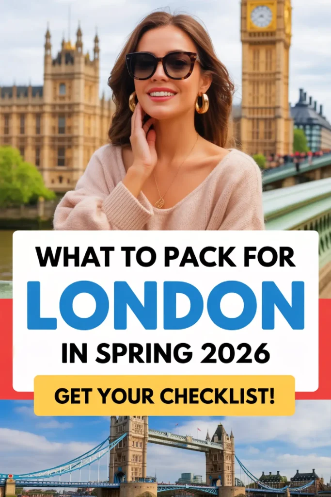 Woman in sunglasses by Big Ben, promoting a London packing checklist for Spring 2026. Enjoy your trip preparation!