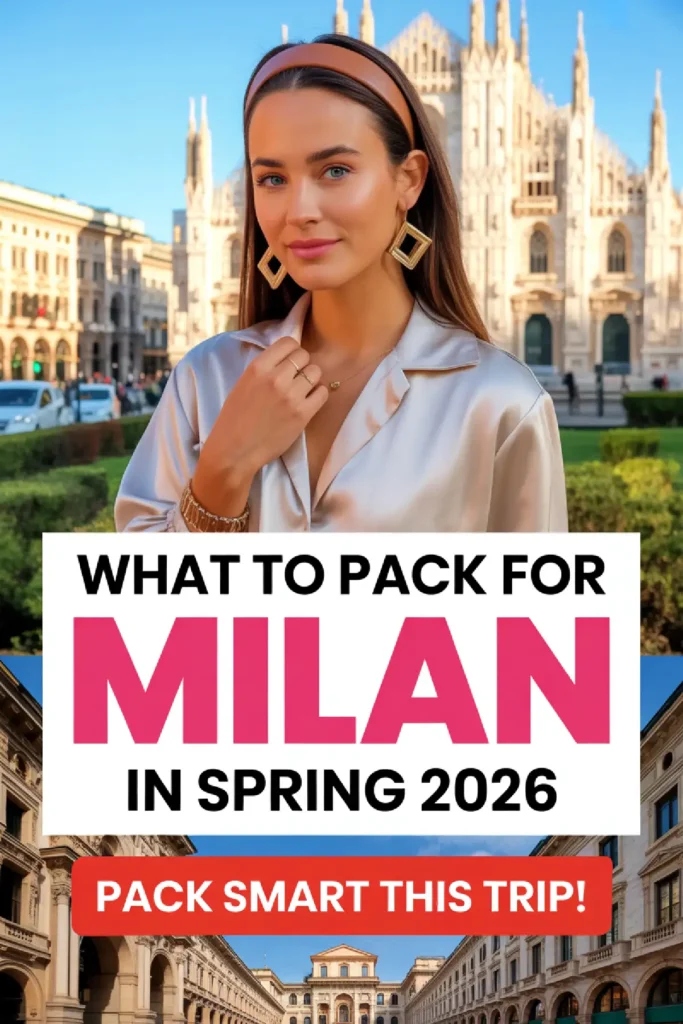 Young woman in Milan, stylishly dressed, highlights spring packing tips for a trip in 2026. Beautiful background scenery.