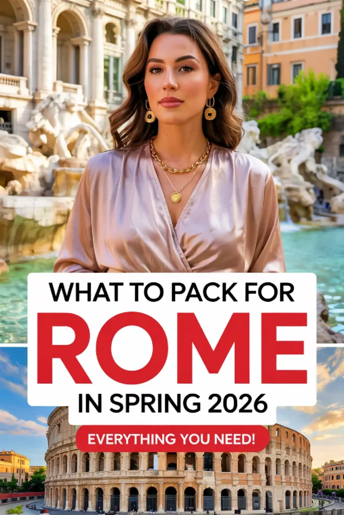 Young woman in Rome, showcasing fashion tips for spring 2026, with iconic landmarks in the background.