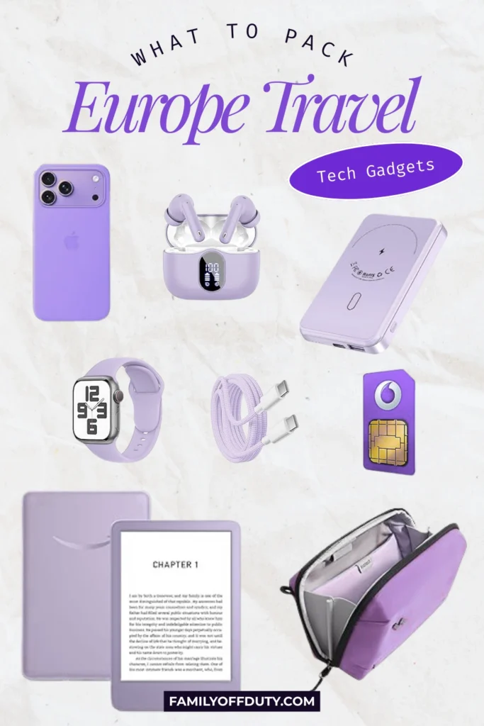 Purple tech gadgets for Europe travel: phone, earbuds, charger, watch, e-reader, SIM card, cable, and bag.