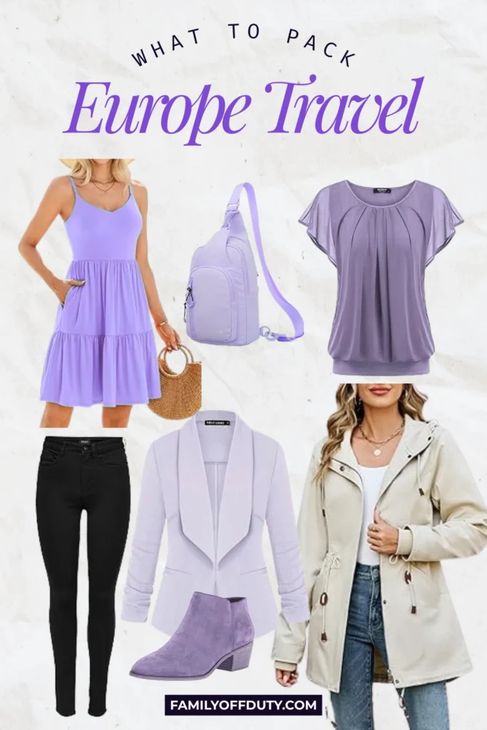 Travel essentials for Europe: stylish purple dress, backpack, tops, and more. Packing ideas for your trip.