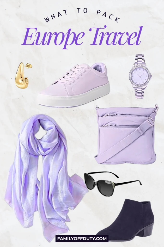 Essential items for Europe travel: sneakers, watch, scarf, purse, sunglasses, boots, earrings. What to pack guide.