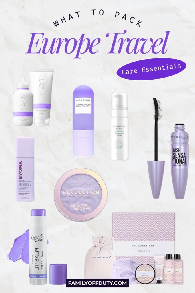 Europe travel care essentials: skincare, makeup, and beauty products for packing. FamilyOfDuty.com guide.