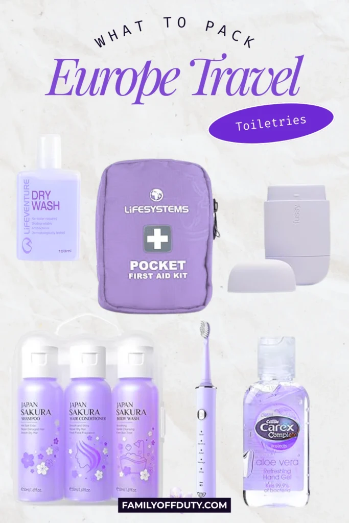 Europe travel toiletries essentials: dry wash, first aid kit, deodorant, shampoo set, toothbrush, hand gel.