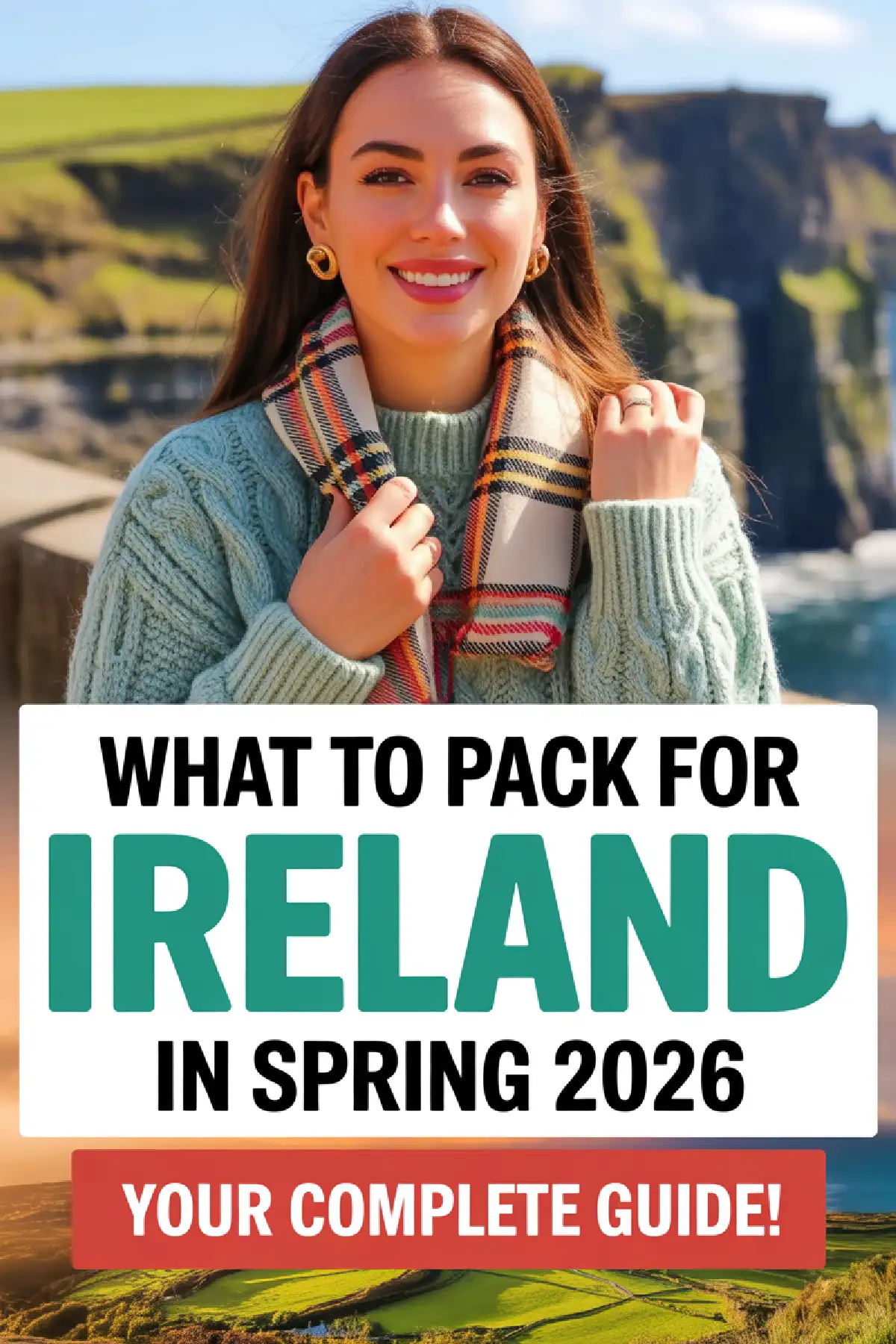 Smiling woman in a cozy sweater and scarf, promoting a pack list guide for visiting Ireland in spring 2026.