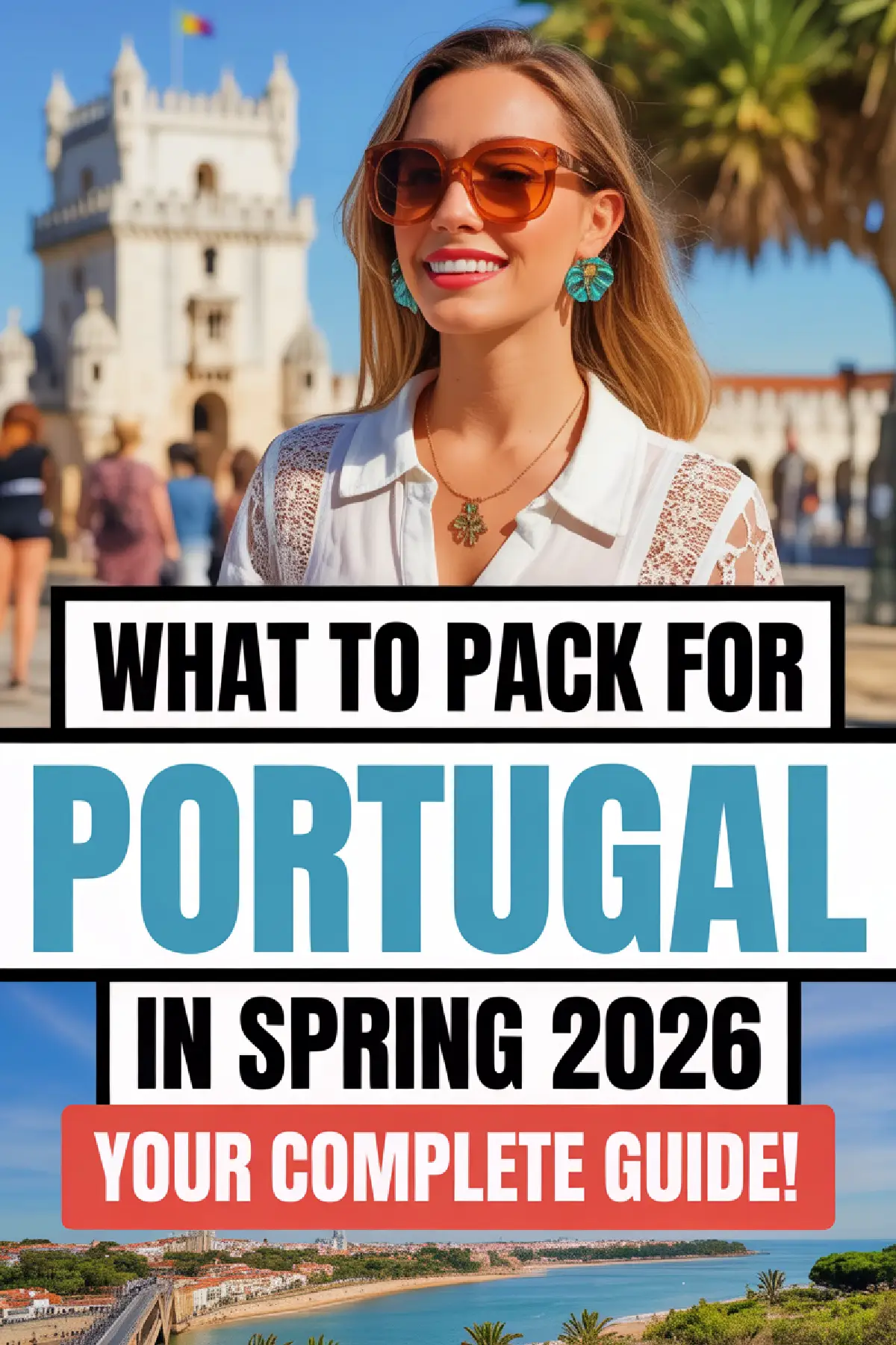 Young woman in sunglasses smiles in front of a historic building, promoting a packing guide for spring travel to Portugal.