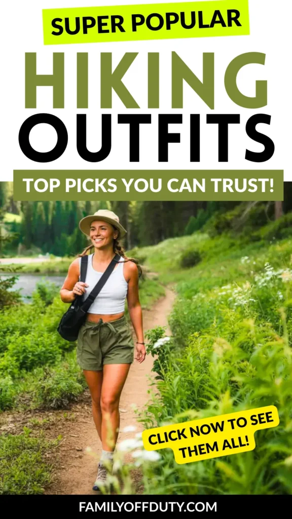 Woman hiking in stylish outfit amidst lush greenery, showcasing popular hiking outfit picks for outdoor enthusiasts.