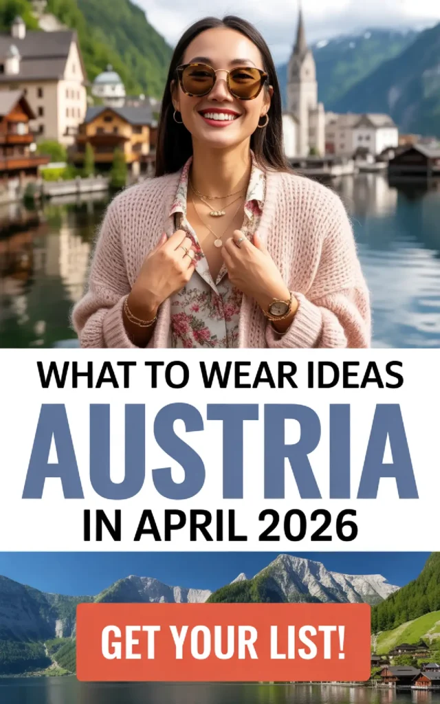 Smiling woman in sunglasses, showcasing fashion ideas for Austria in April 2026, with a scenic mountain backdrop.