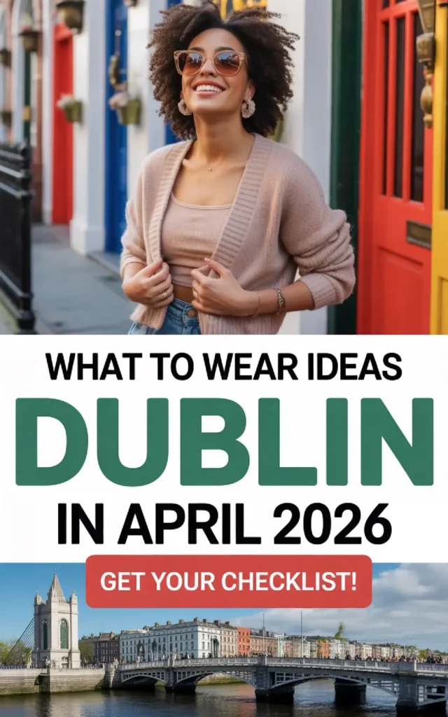 A woman smiles in stylish spring attire in a colorful Dublin street, promoting April 2026 outfit ideas and checklist.