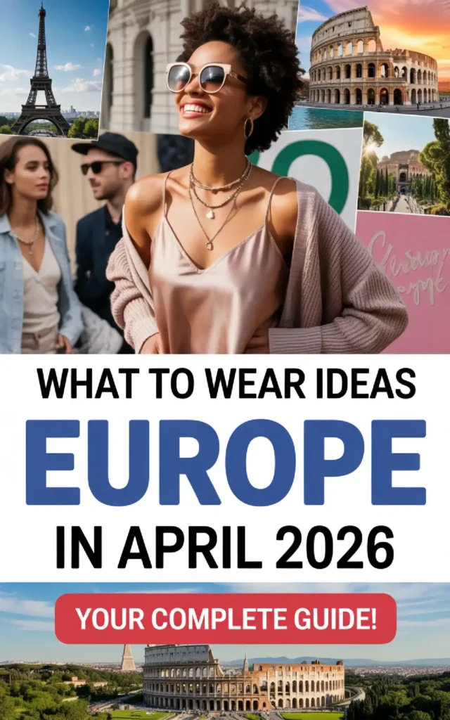 Trendy fashion tips for Europe in April 2026 featuring iconic landmarks and stylish outfits.